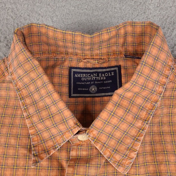 American Eagle Shirt Mens Medium Orange Plaid Button Down Short Sleeve Cotton - Picture 4 of 12